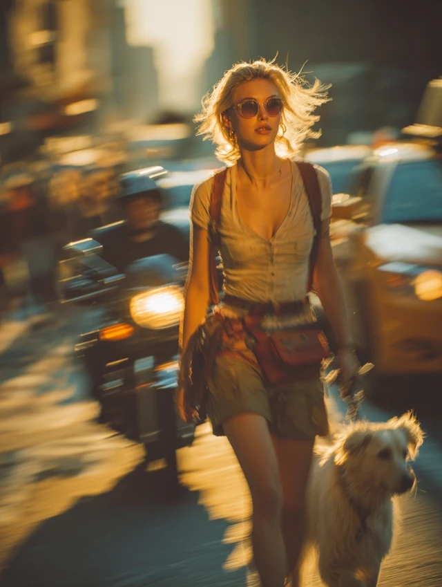 Woman in Motion Blur City Street Golden Hour Leica