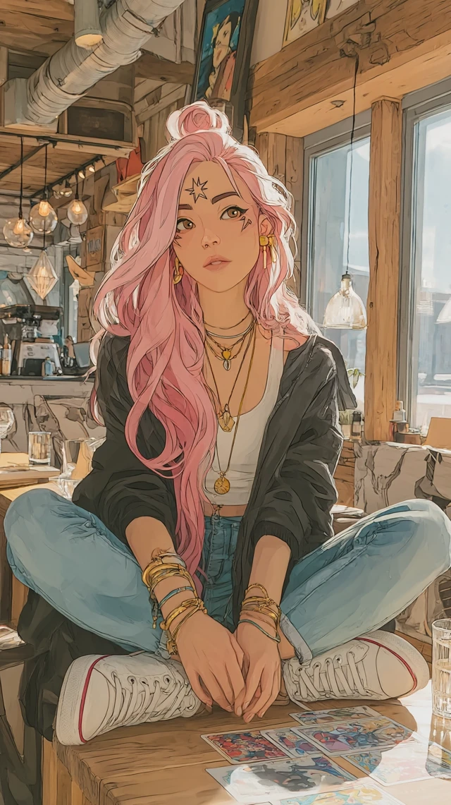 Young Witch in Coffee Shop Pink Hair Disney Cartoon