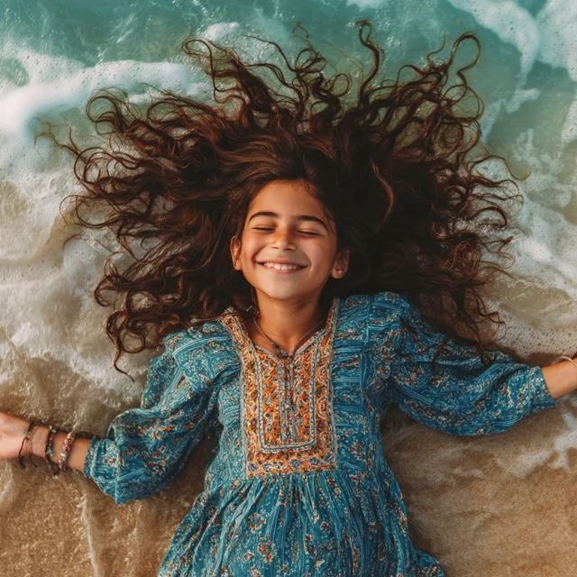 Happy Girl on Beach Ocean Sunlight