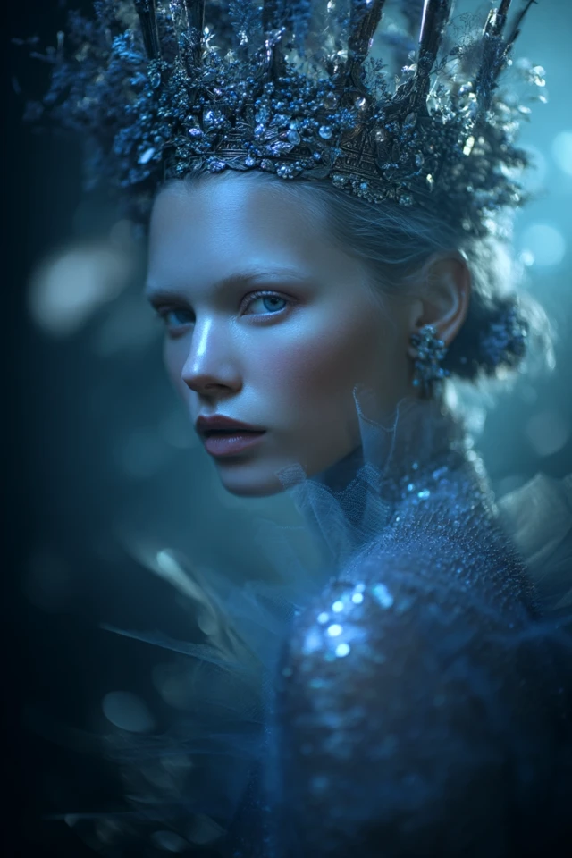 Dreamlike Queen in Silver Gown and Antique Crown
