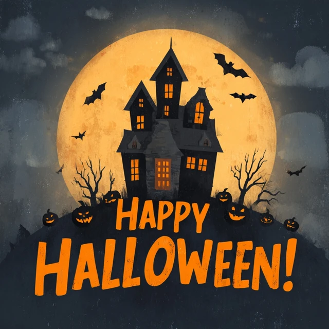 Spooky Halloween Haunted House Pumpkins Bats