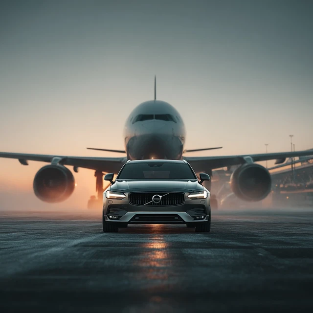 Volvo V90 on Tarmac with Plane Cinematic Photography