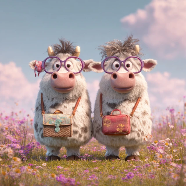 Cute Cow Couple in Meadow Pixar Style 3D Animation