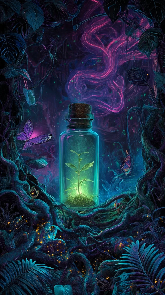 Cyberpunk Bioluminescent Jungle at Midnight