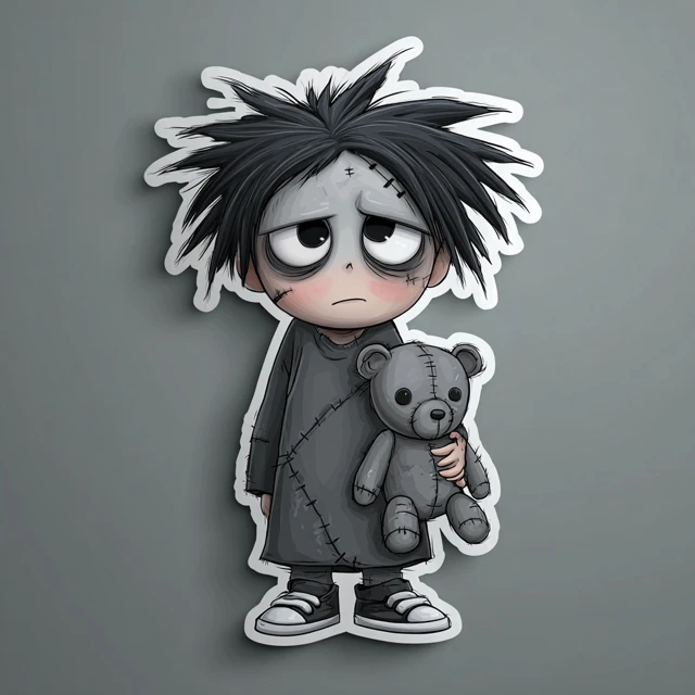 Gothic Doll Boy Sticker with Teddy Bear Vector Art