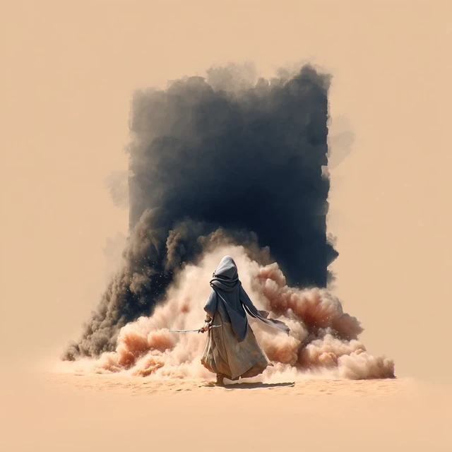 Arab Warrior in Desert Facing Darkness Epic Fantasy