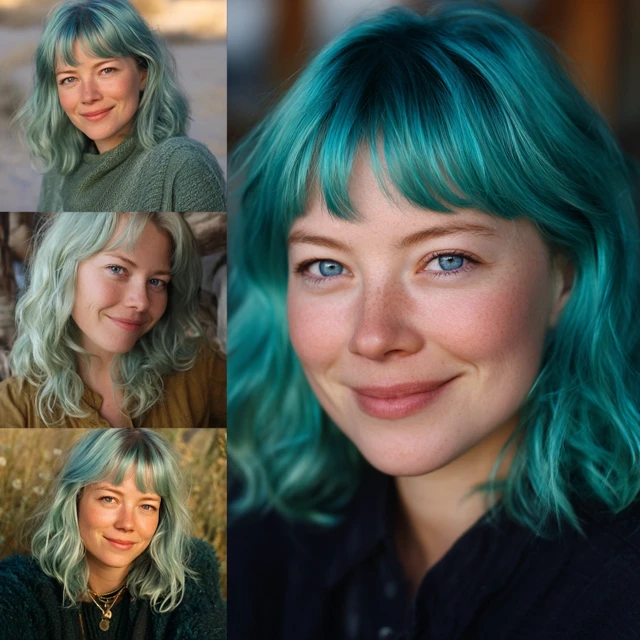 Woman with Teal Hair in Various Poses and Outfits