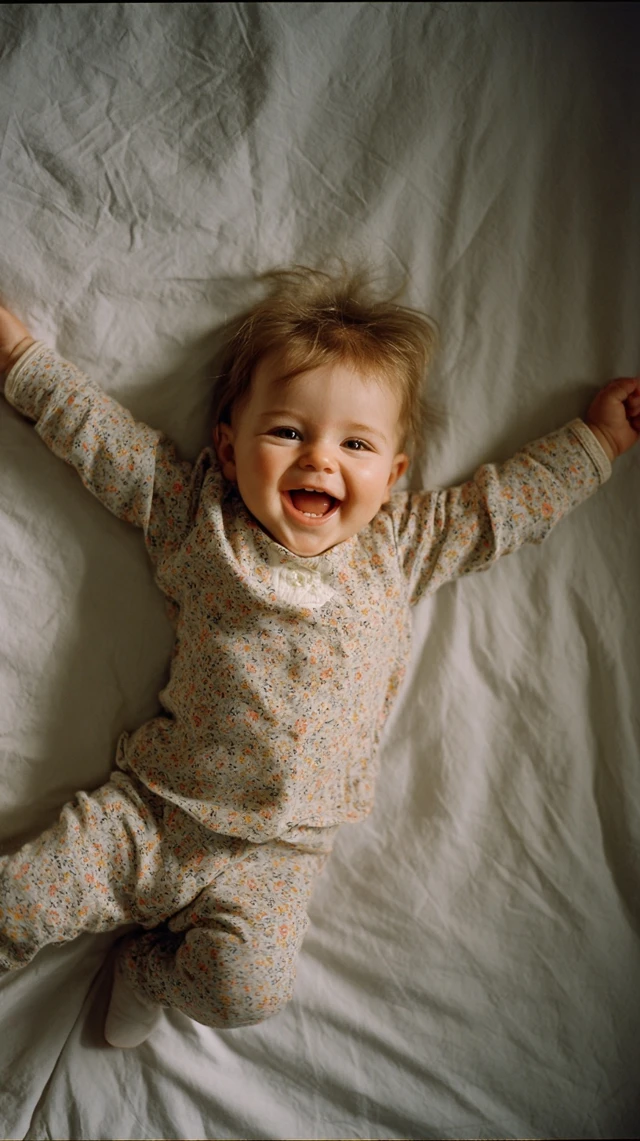 Happy Baby Girl Smiling on Bed Photography