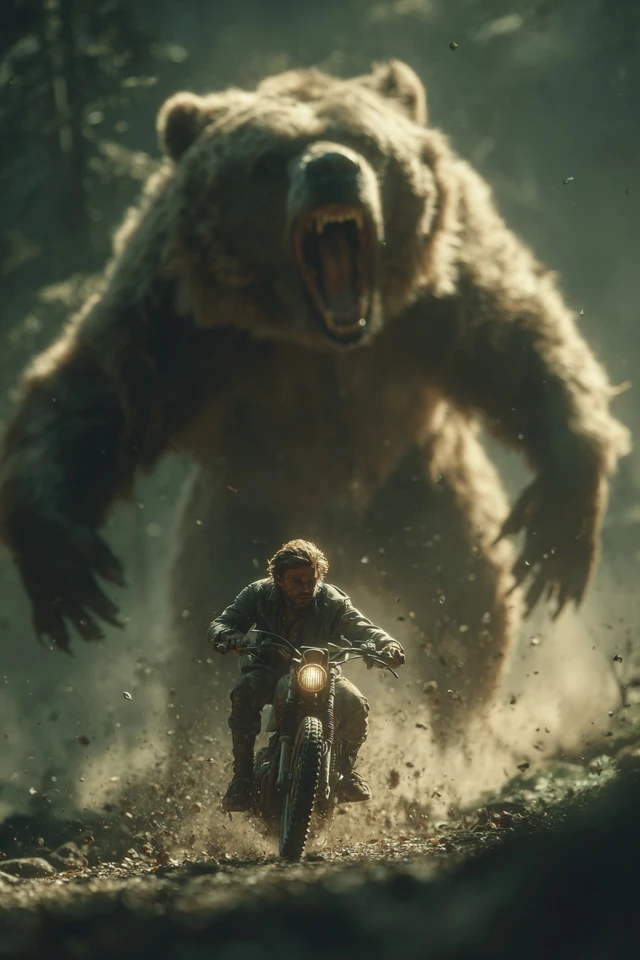 Man on Moped Escaping Bear in Forest