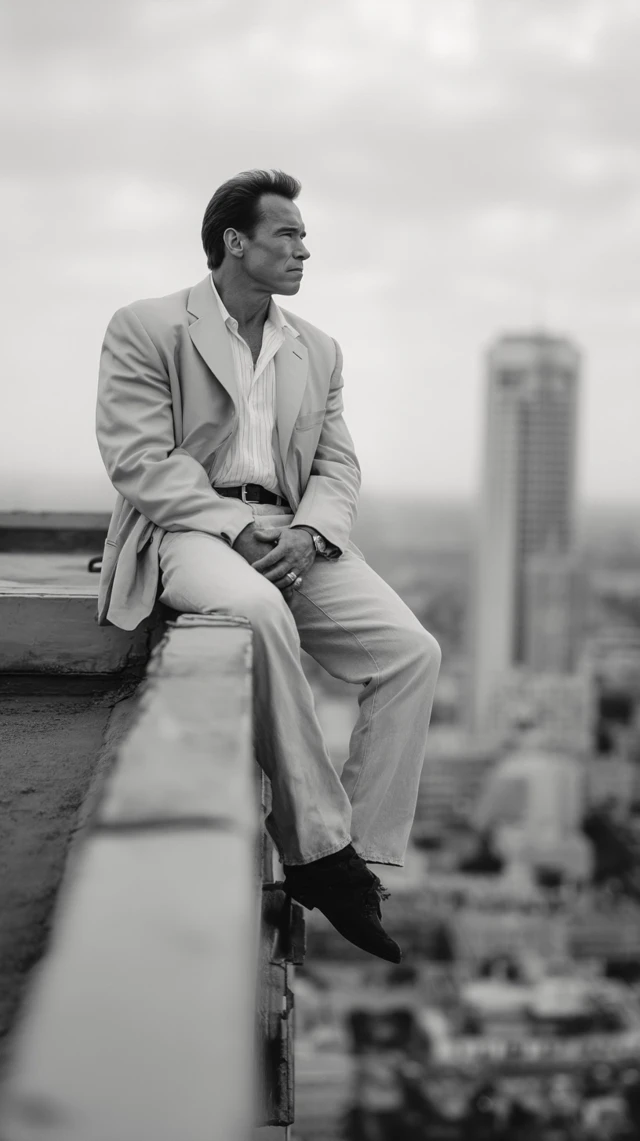 Arnold Schwarzenegger Rooftop Pose Black and White