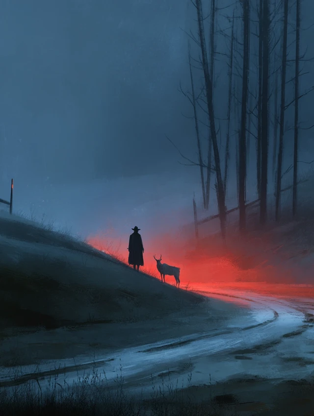 Man in the Rain Field Moody Illustration