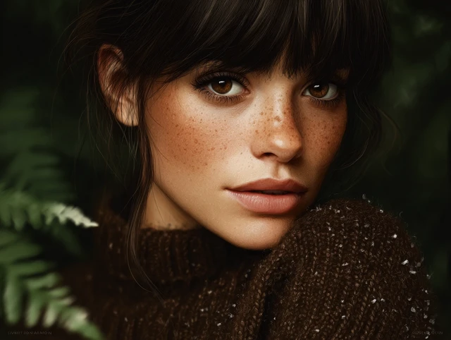 Beautiful Woman Portrait with Brown Hair and Freckles