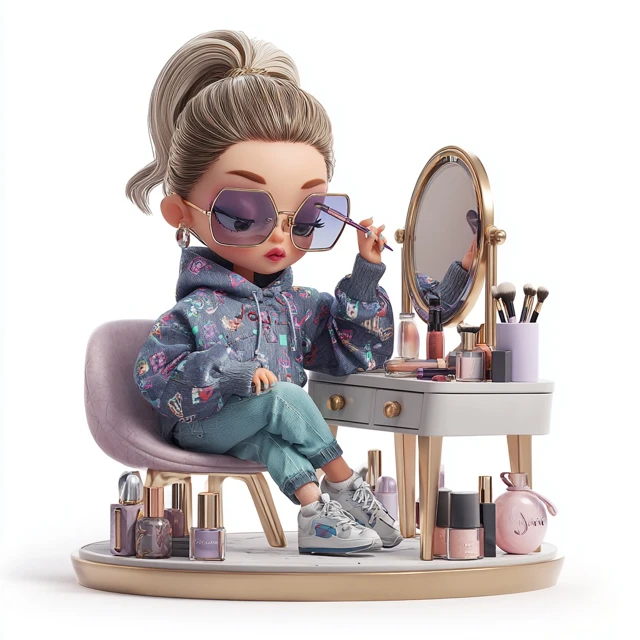 Chibi Beauty Applying Makeup 3D Illustration