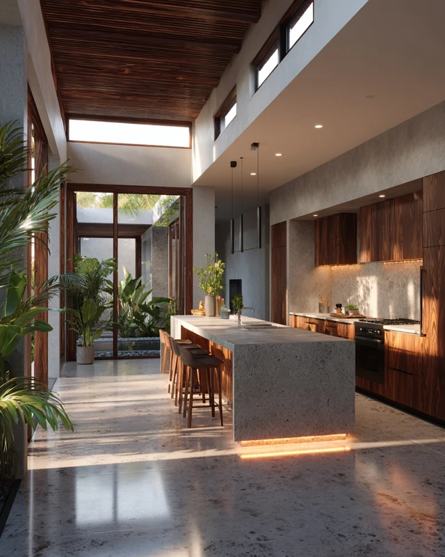 Modern Tropical Kitchen Design Dark Wood Concrete