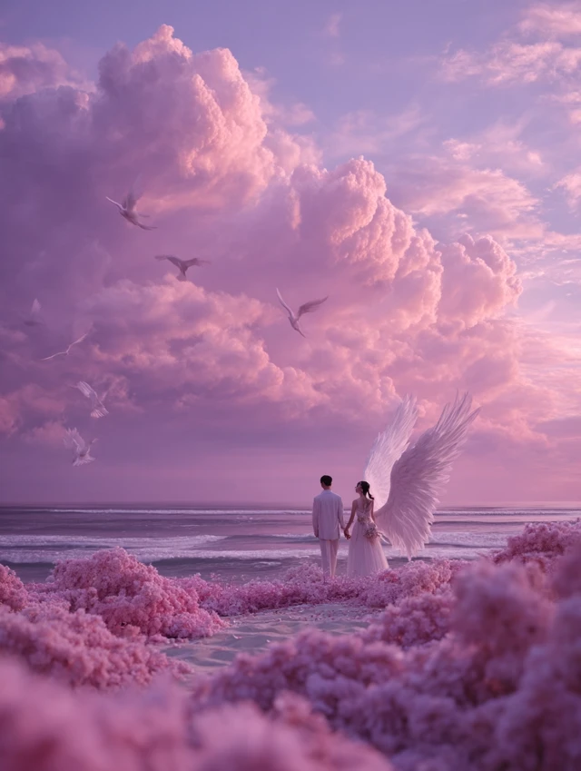 Chinese Wedding Couple on Beach Dreamy and Romantic