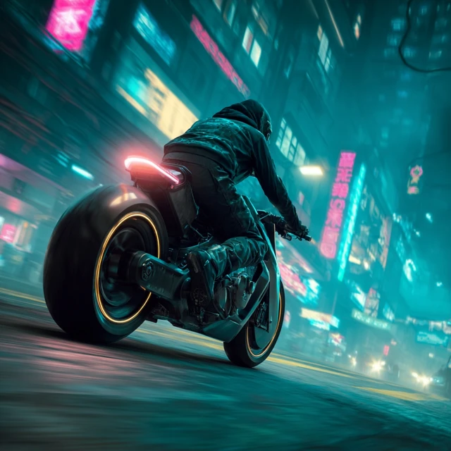 Cyberpunk Rider Futuristic Motorcycle Neon City