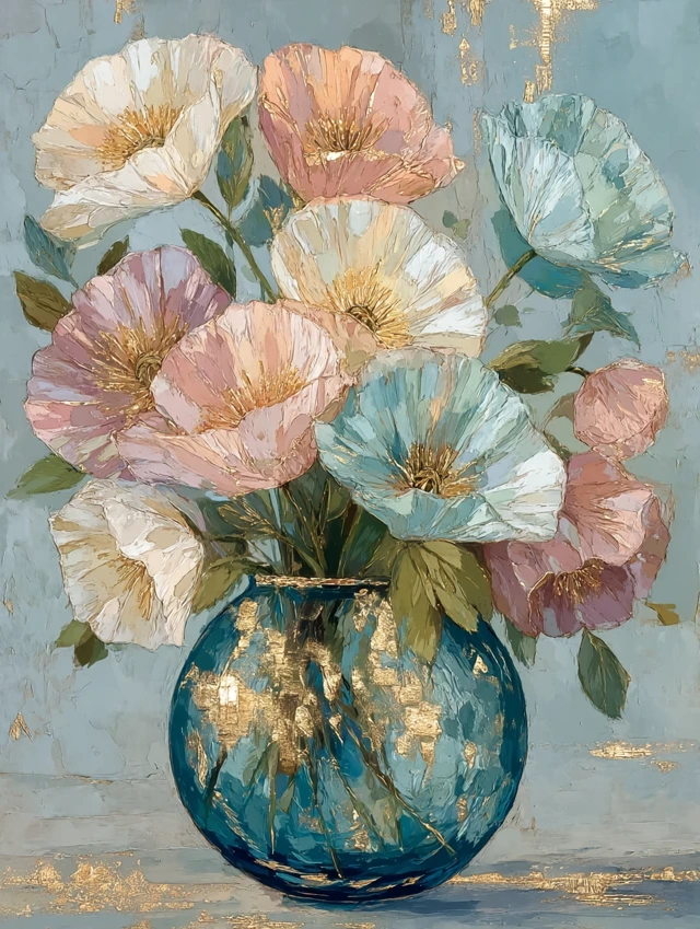 Whimsical Poppy Flowers in Vase Modern Art