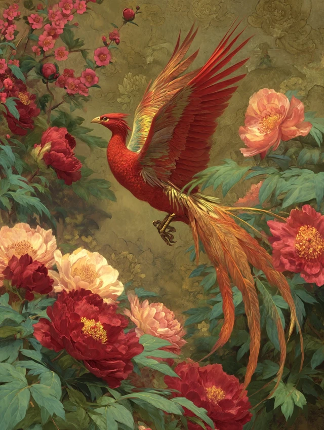 Majestic Phoenix Soaring Above Blooms