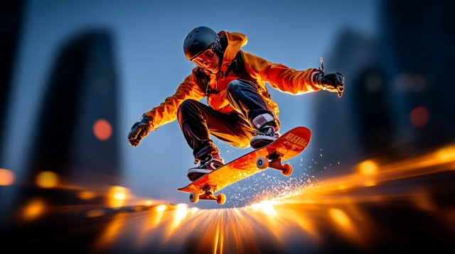 Urban Skateboarding Sunset Cityscape Extreme Action