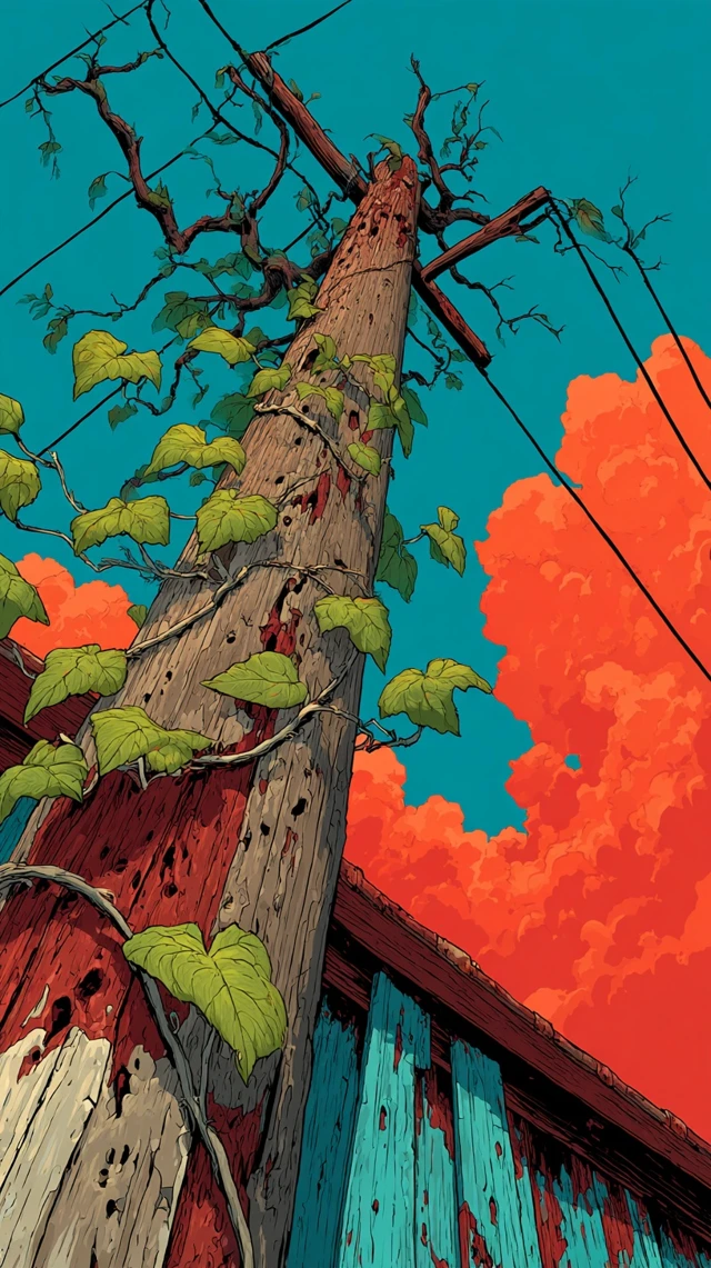 Anime Illustration of a Weathered Pole and Vines