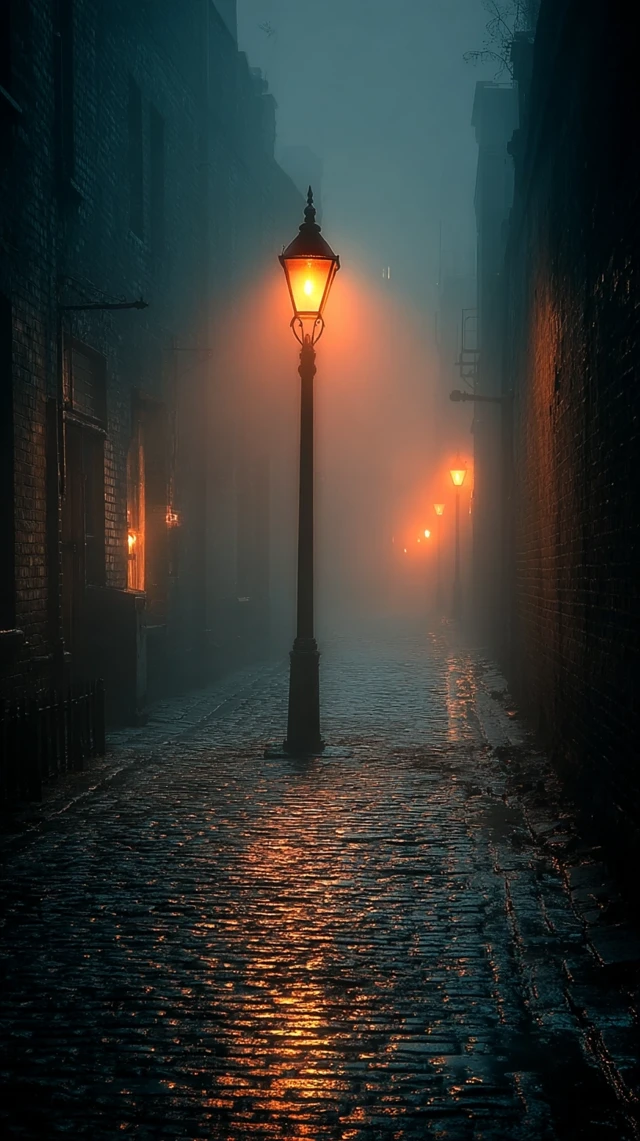 Victorian London Alley Cinematic Scene Foggy Street Lights