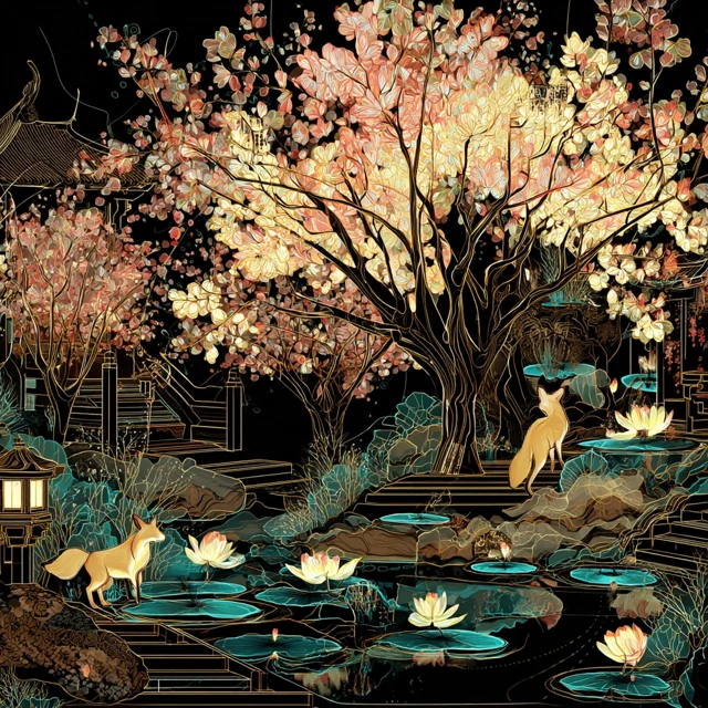 Mythical Garden Glowing Cherry Blossoms Fantasy Art