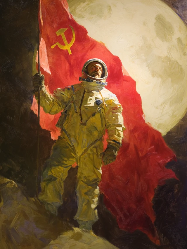 Cosmonaut with Soviet Flag Oil Painting