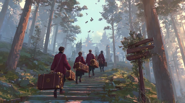 Fantasy Students Ascending Stone Staircase