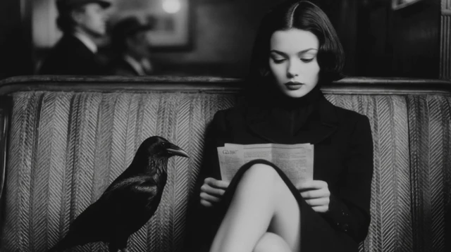Hitchcockian Scene Woman with Crow Black and White