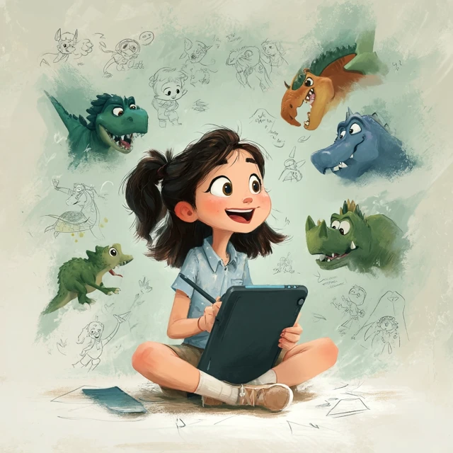 Girl Drawing Dinosaurs Unicorns and Princesses Cartoon Art