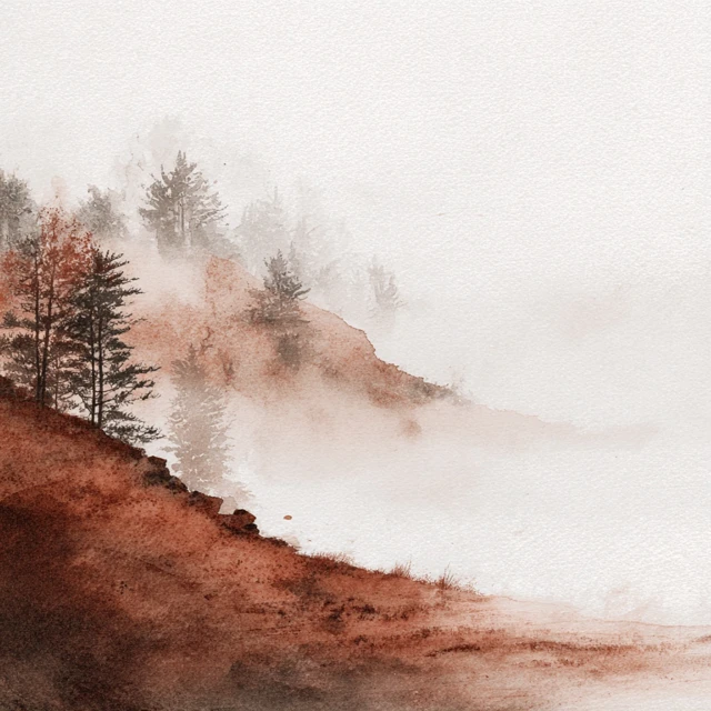Foggy Watercolor Landscape Hometown Scene