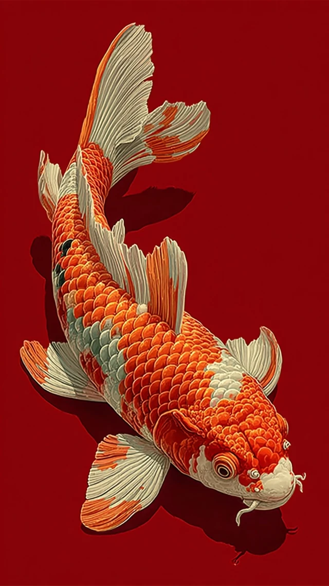 Colorful Koi Fish Swimming in Red Waters Art