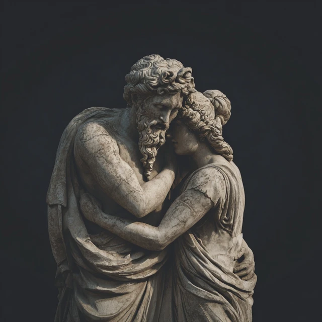 Greek God and Goddess Statue Embrace Dramatic Art