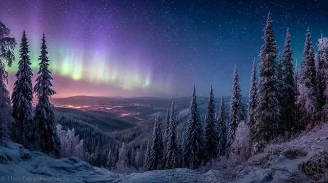 Northern Lights Over a Winter Forest in Norway