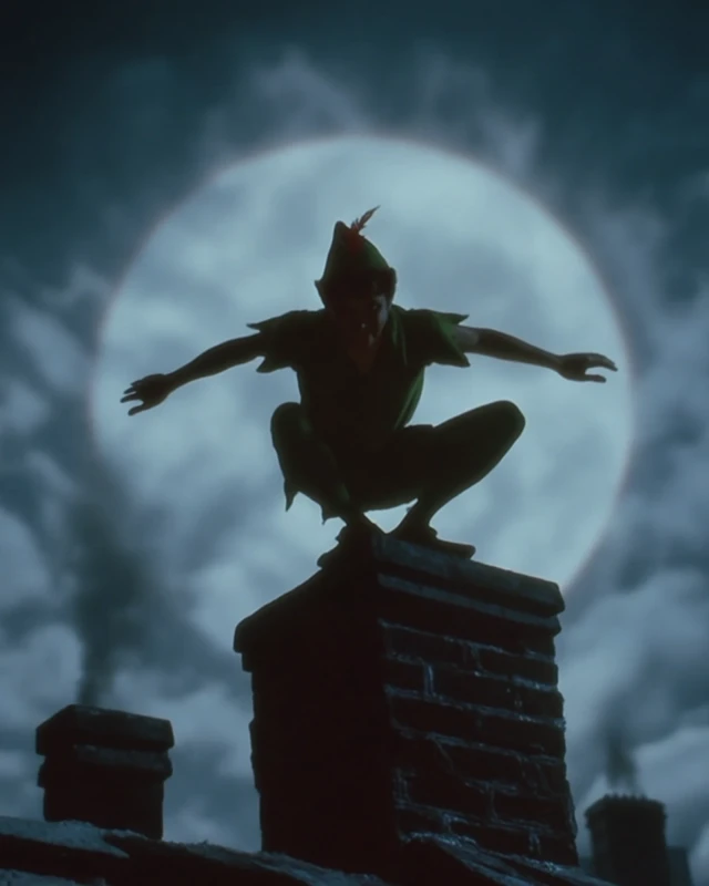 Peter Pan 90s Film Scene on Chimney Moonlit Night