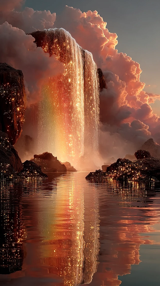 Rainbow Waterfall Scene: Pastel Sky, Golden Sunlight, Peaceful View