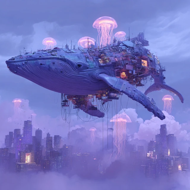Cyberpunk Whale Above City