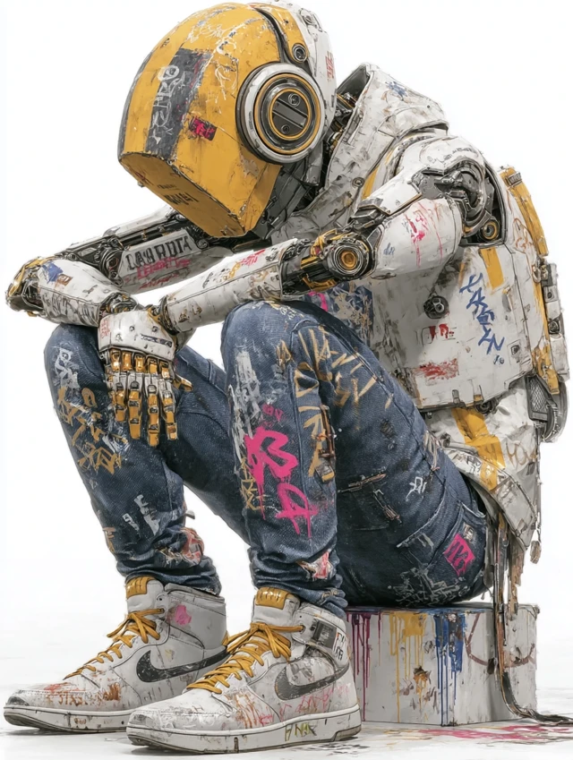 Graffiti Robot Art with Sneaker on White Background