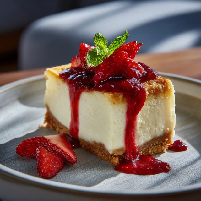 Delicious Cheesecake with Strawberry Topping Food Photo