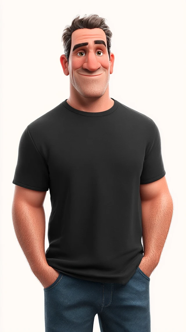 3D Cartoon Man in Black Tshirt with a Warm Smile