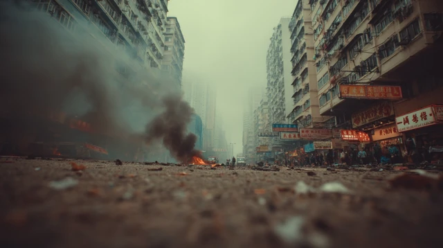 Hong Kong Apocalypse Cracked Ground and Smoke