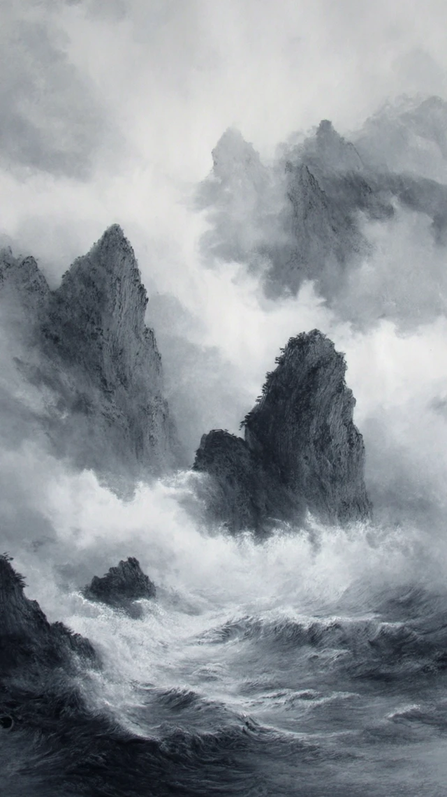 Dramatic Seascape Ink Painting Mountains and Waves
