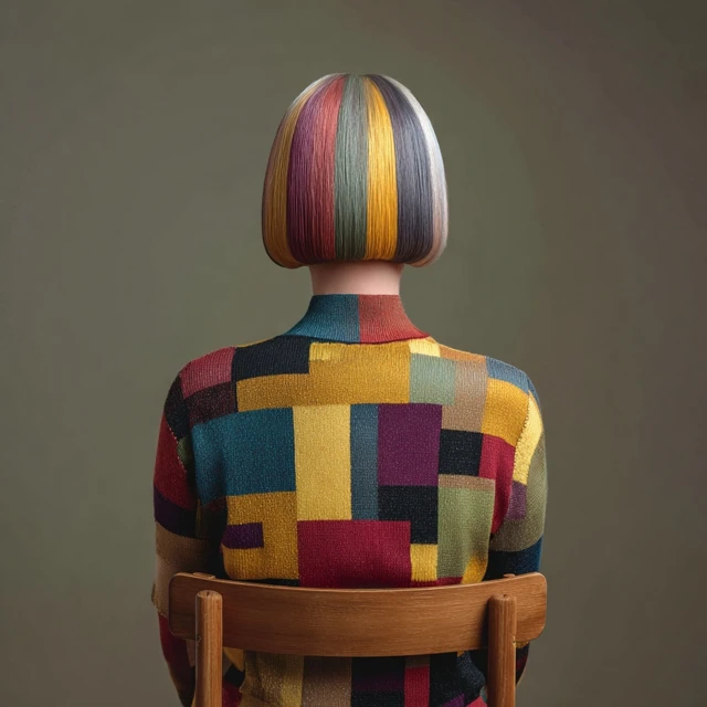Geometric Haircut Woman on Chair Fashion Portrait