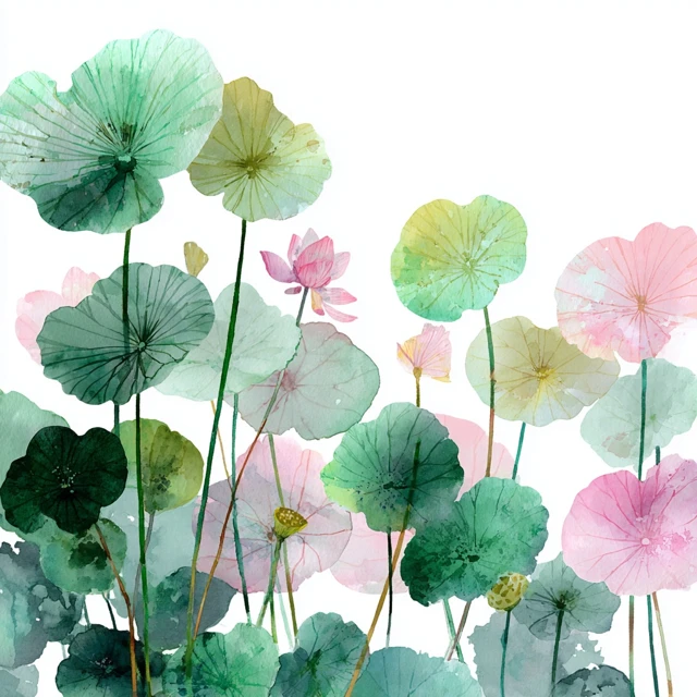 Watercolor Water Plants Light Green Pink