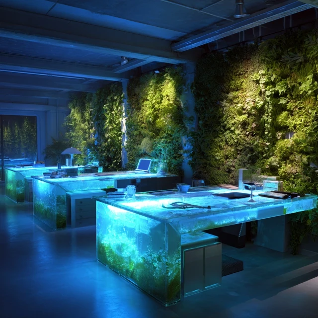 Bioluminescent EcoTech Laboratory Futuristic Workspace