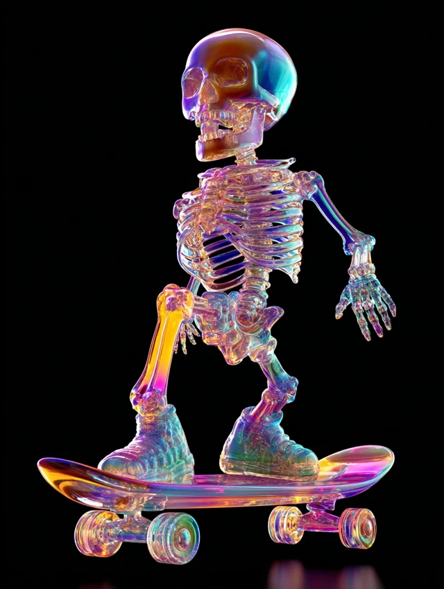 Cute 3D Skeleton on Skateboard Vibrant Colors