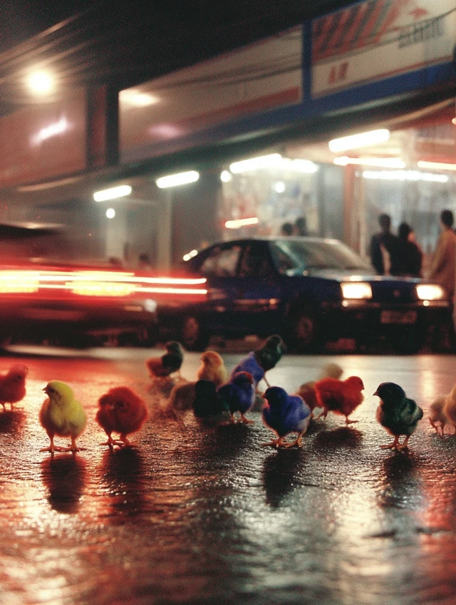 Vividly Colored Chicks Urban Scene