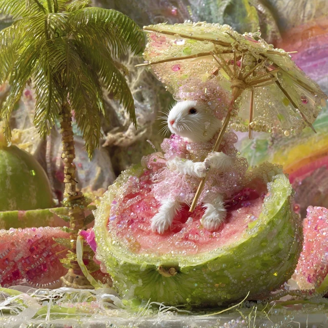 Cute Rabbit with Umbrella and Watermelon Artwork