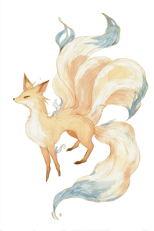 Nine-Tailed Fox Watercolor Painting Mythical Creature