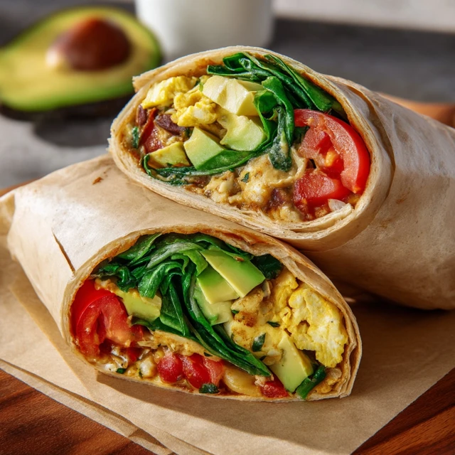 Breakfast Burrito with Avocado Eggs Tomato Spinach Beans